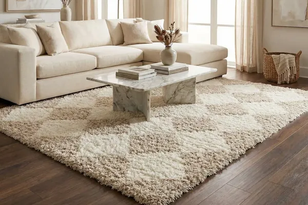 A cream and tan shag area rug on a wood floor in a living room