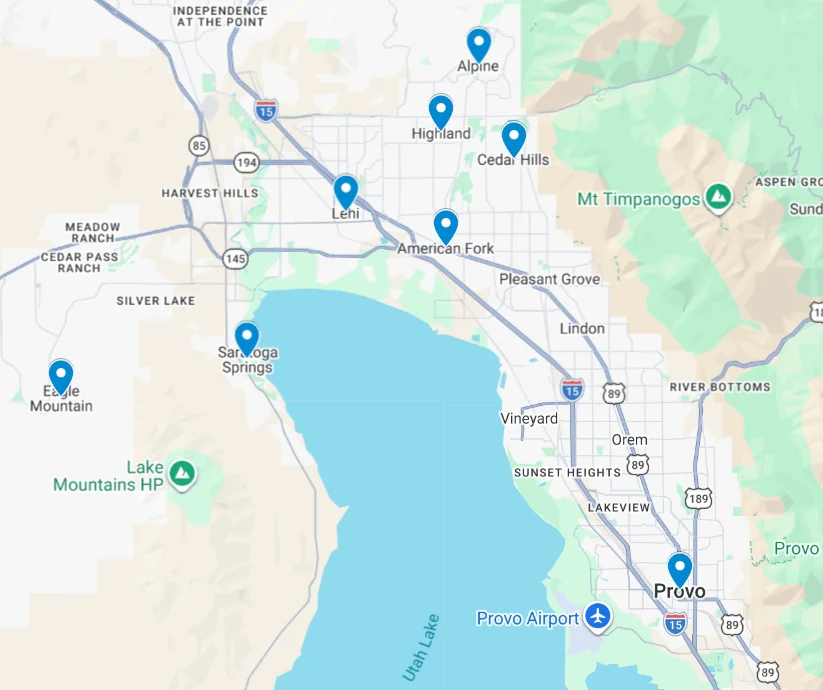 Map of north Utah County showing Lehi, American Fork, Saratoga Springs, Eagle Mountain, Highland, Alpine and Cedar Hills