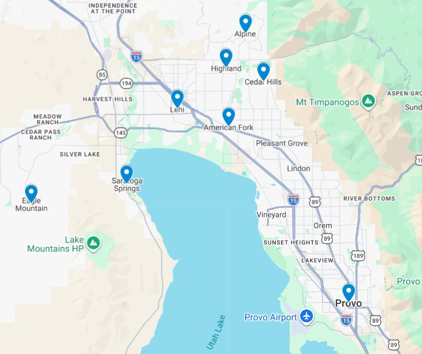 Map of the Lehi, Utah carpet cleaning service area including American Fork, Saratoga Springs, Eagle Mountain, Highland, Alpine, and Cedar Hills