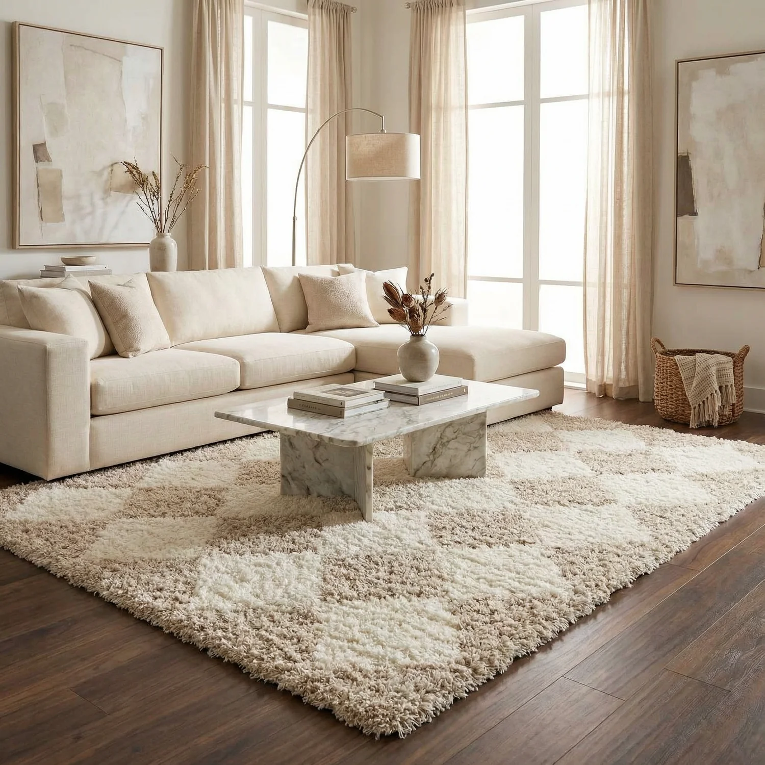 Wool shag area rug on hardwood floor in a bright Lehi living room
