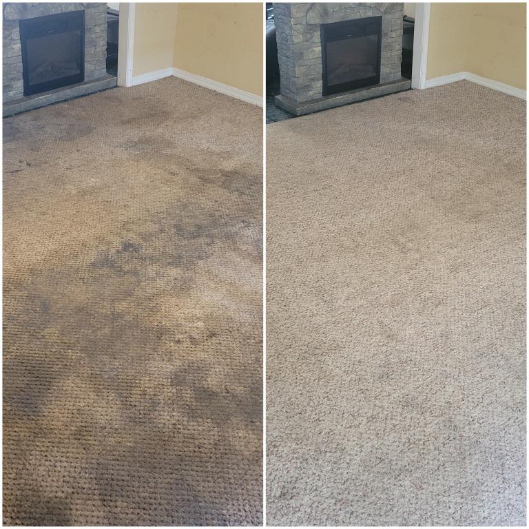 Before and after carpet cleaning showing heavy soiling removed from a Lehi living room floor